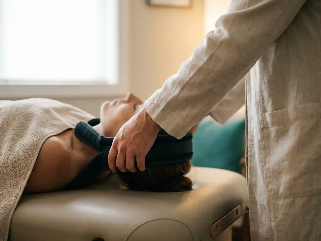 Chiropractor past y-strap tractie toe op nek van patiënt op behandeltafel, professionele klinische omgeving.