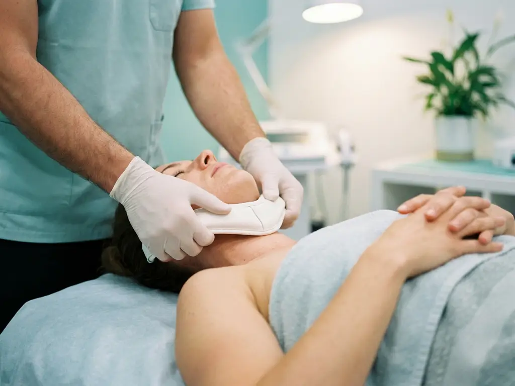 Chiropractor past y-strap toe op de nek van een patiënt op een behandeltafel tijdens manuele therapie.