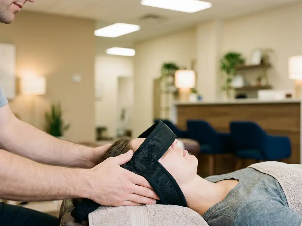 Chiropractor past Y-strap harness aan bij nek van ontspannen patiënt op behandeltafel in moderne praktijk.