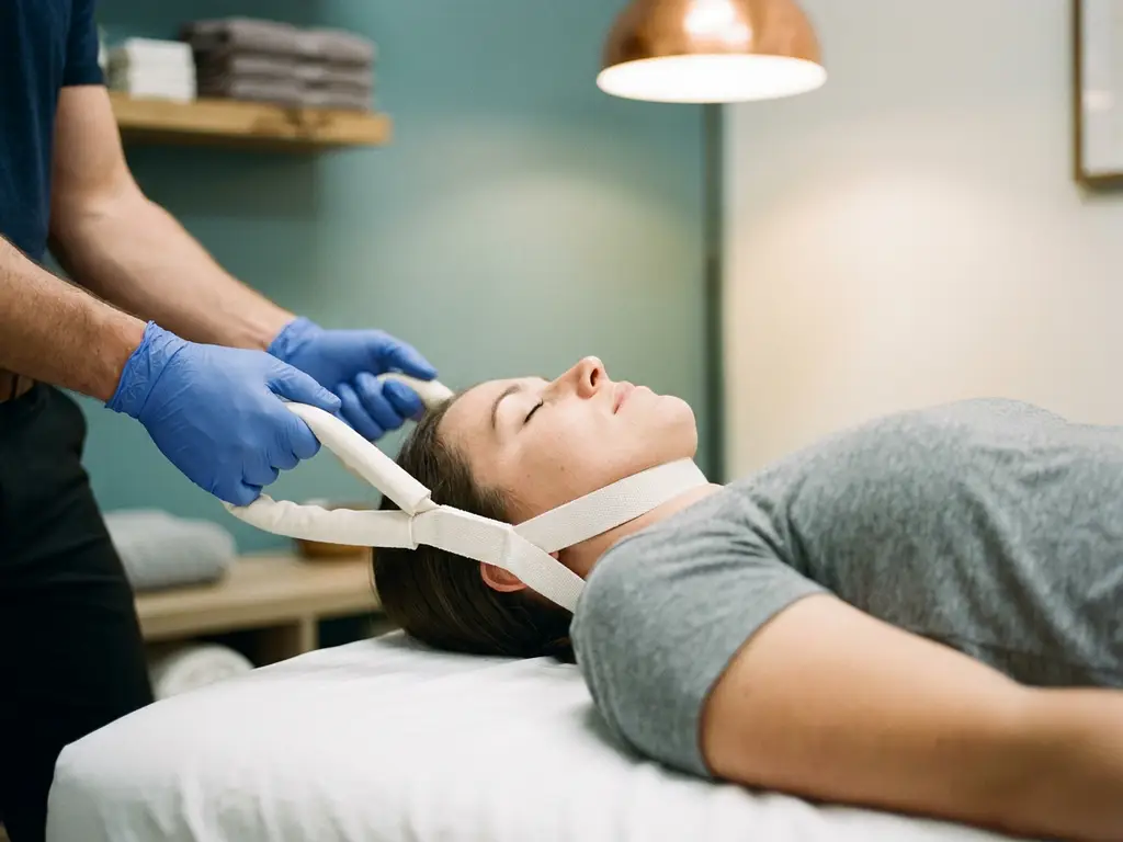 Chiropractor die een Y-strap apparaat aanbrengt op de nek van een patiënt die op een behandeltafel ligt.