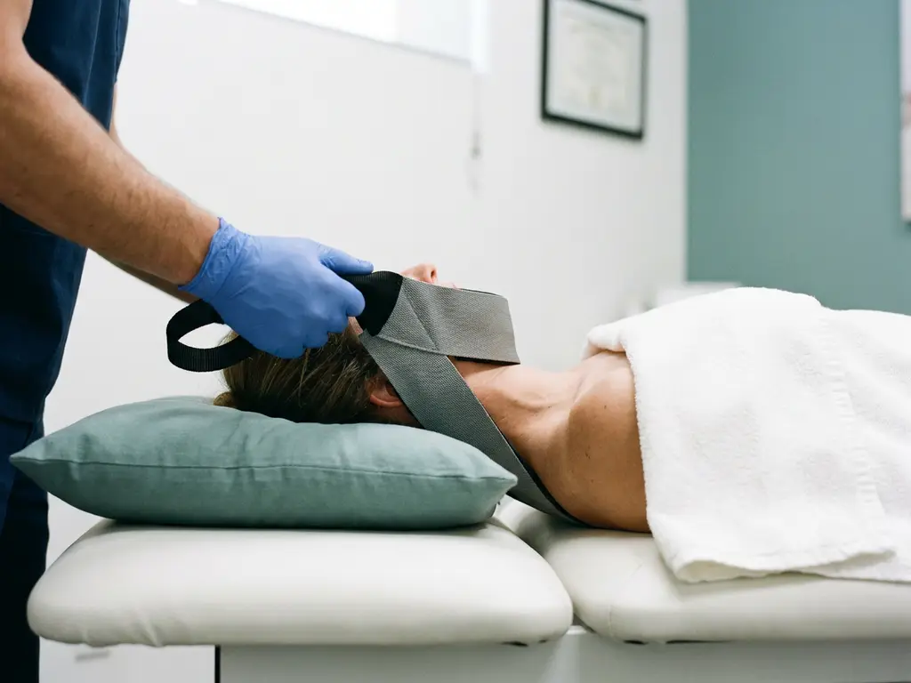 Chiropractor met handschoenen die een y-strap apparaat aanbrengt op de nek van een patiënt voor wervelkolomdecompressie.