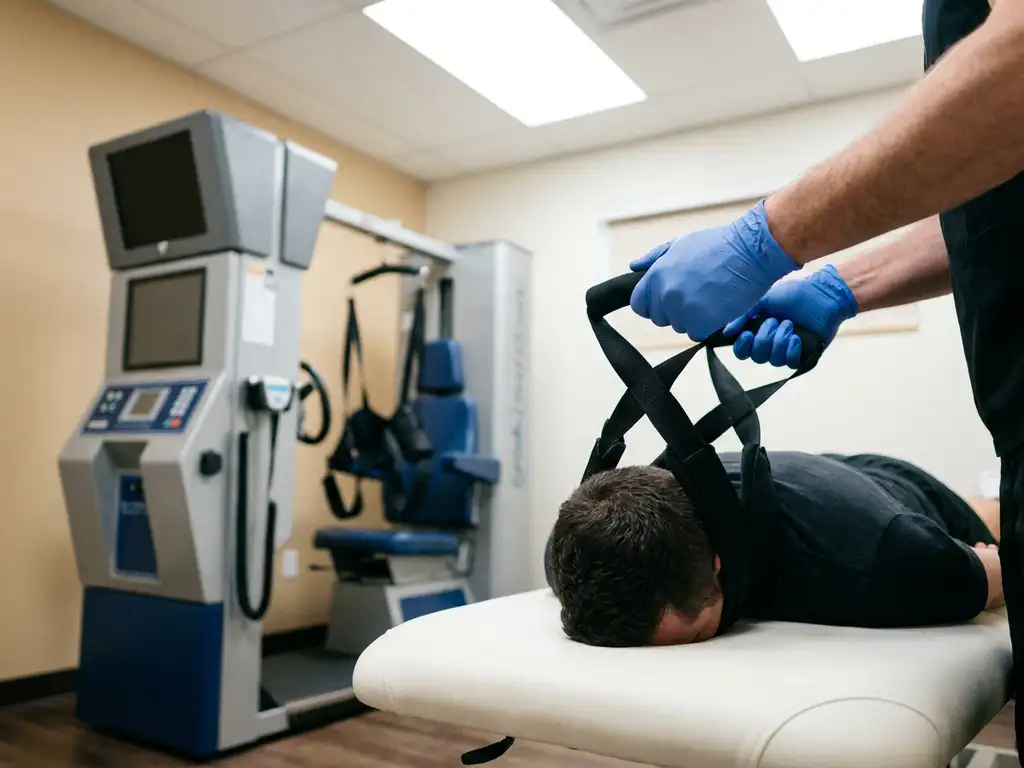 Chiropractor met handschoenen past Y-strap wervelkolomtractie toe op patiënt op behandeltafel, spinale decompressie-eenheid op achtergrond.