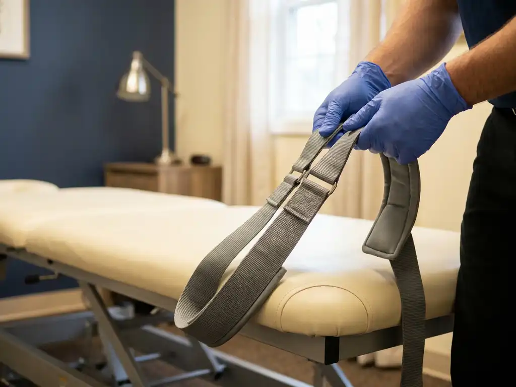 Chiropractor met handschoenen houdt een y-strap tractieapparaat vast bij een behandeltafel in een klinische omgeving.