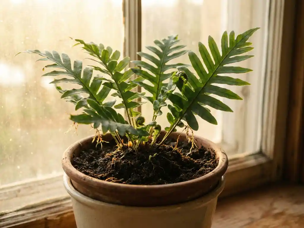 Gezonde groene plant met stevige stengels in donkere aarde, wortels zichtbaar, warm goudkleurig tegenlicht door raam.