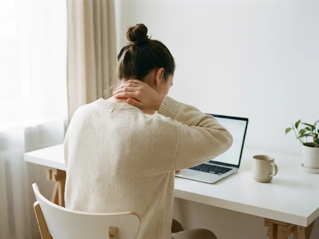 Persoon aan bureau met laptop die nek masseert door gespannen houding, zacht natuurlijk licht, warme neutrale tinten.