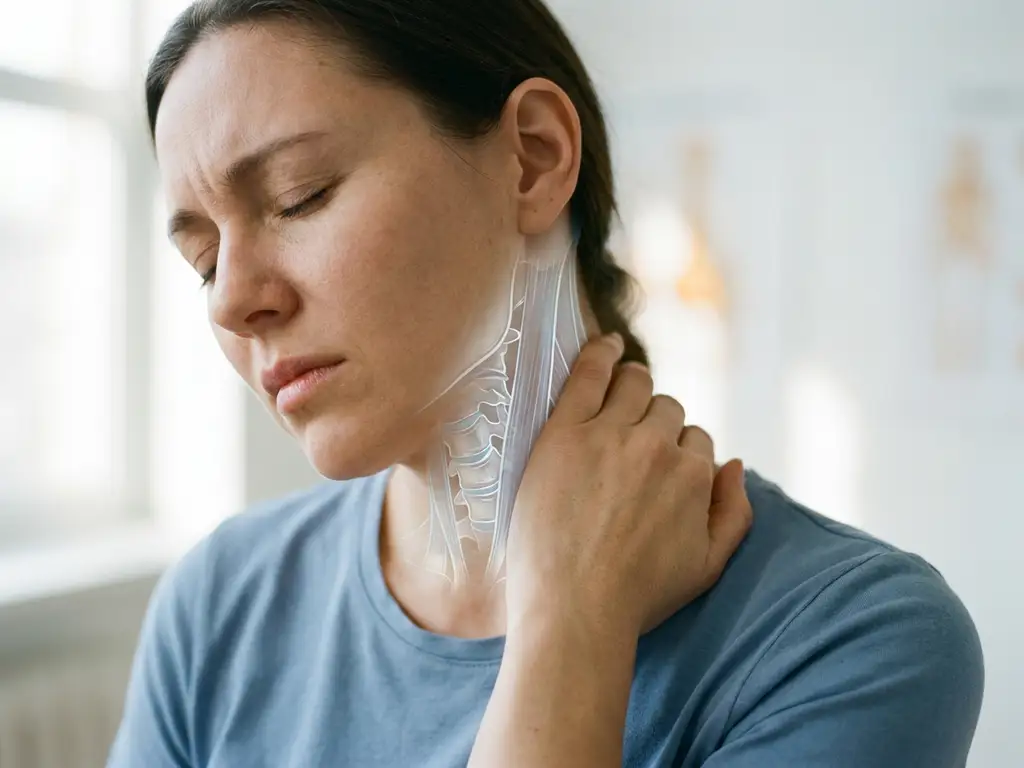 Persoon met gesloten ogen die vingertoppen op de nek drukt, met anatomische overlay van cervicale wervels zichtbaar onder de huid.