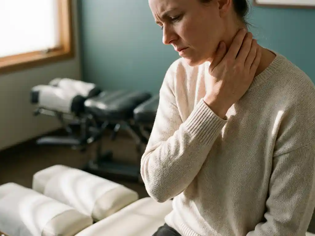Persoon houdt stijve nek vast op behandeltafel, met chiropractische aanpassingstafel zichtbaar op de achtergrond.