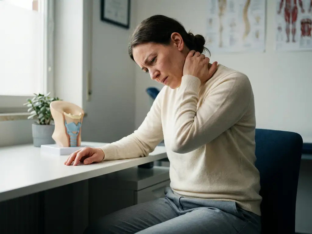 Persoon die nek vasthoudt bij chronische nekpijn, zittend aan klinisch bureau met anatomisch nekmodel op achtergrond.