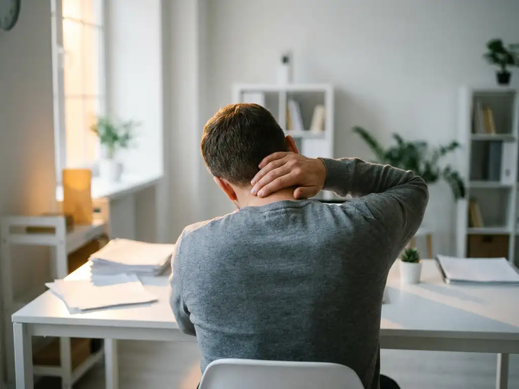Persoon met gespannen nek en ingezakte houding aan modern bureau, hand tegen achterhoofd gedrukt, warm amberkleurig licht.