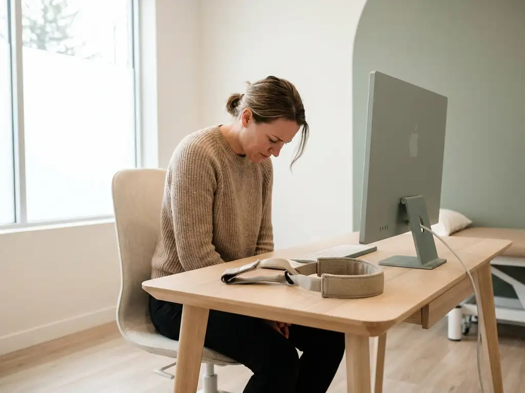 Persoon aan modern bureau met licht gebogen hoofd, y-strap chiropractisch hulpmiddel op het bureauoppervlak, zachte natuurlijke belichting.