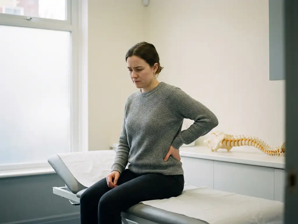 Persoon die met één hand de lage rug aanraakt op een onderzoektafel, met een anatomisch wervelkolommodel op de achtergrond.