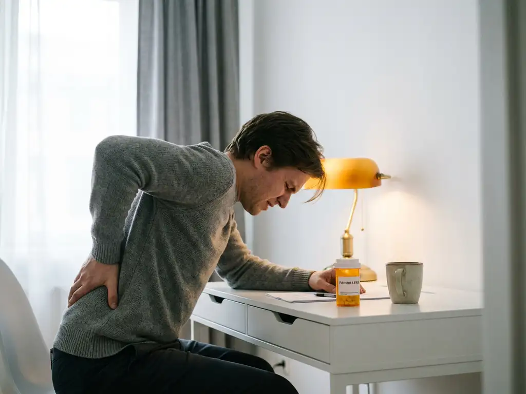 Persoon gebogen over bureau met hand op lage rug van pijn, flesje pijnstillers ongebruikt op tafel.