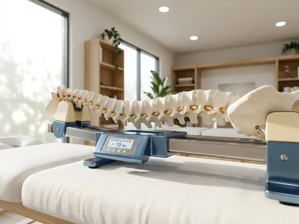 Tractieapparaat strekt anatomisch wervelkolommodel op behandeltafel, met zichtbaar decomprimerende tussenwervelschijven.