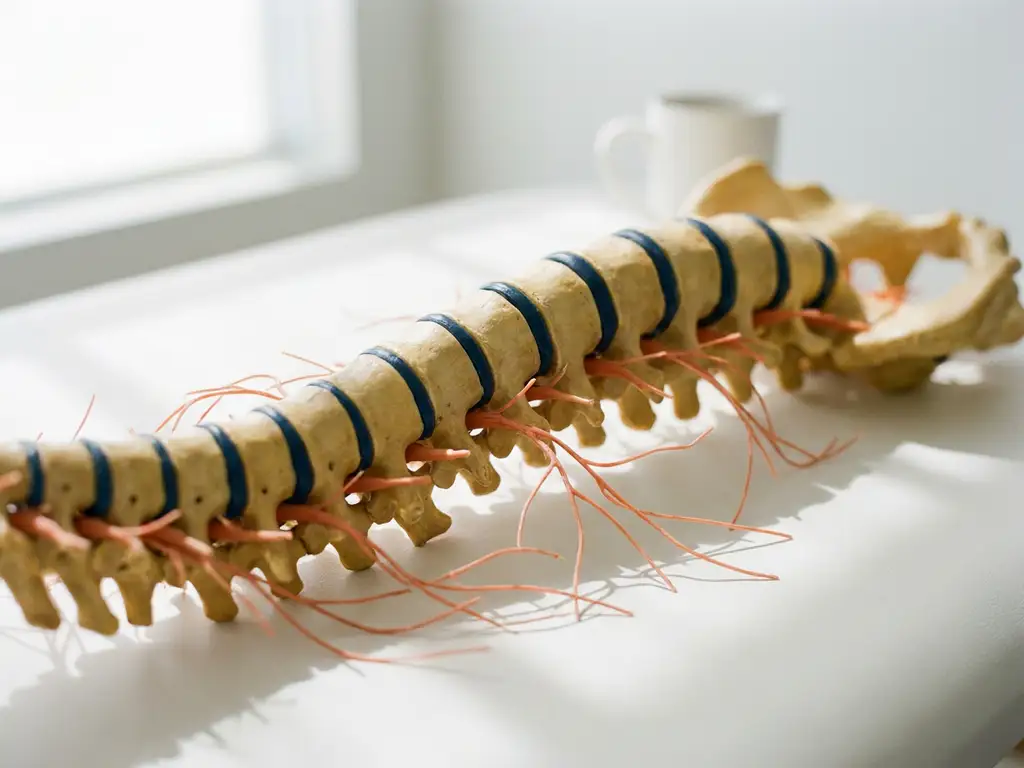 Anatomisch wervelkolommodel met vertakkende zenuwbanen in ivoor en marineblauw tinten op een witte klinische ondergrond.