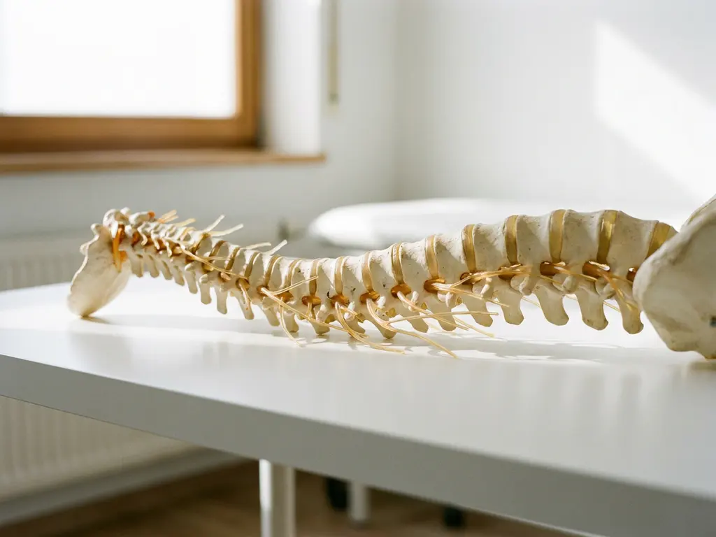 Anatomisch model van de menselijke wervelkolom met doorzichtige zenuwbanen in hars, gefotografeerd op wit oppervlak in zijdelings natuurlijk licht.