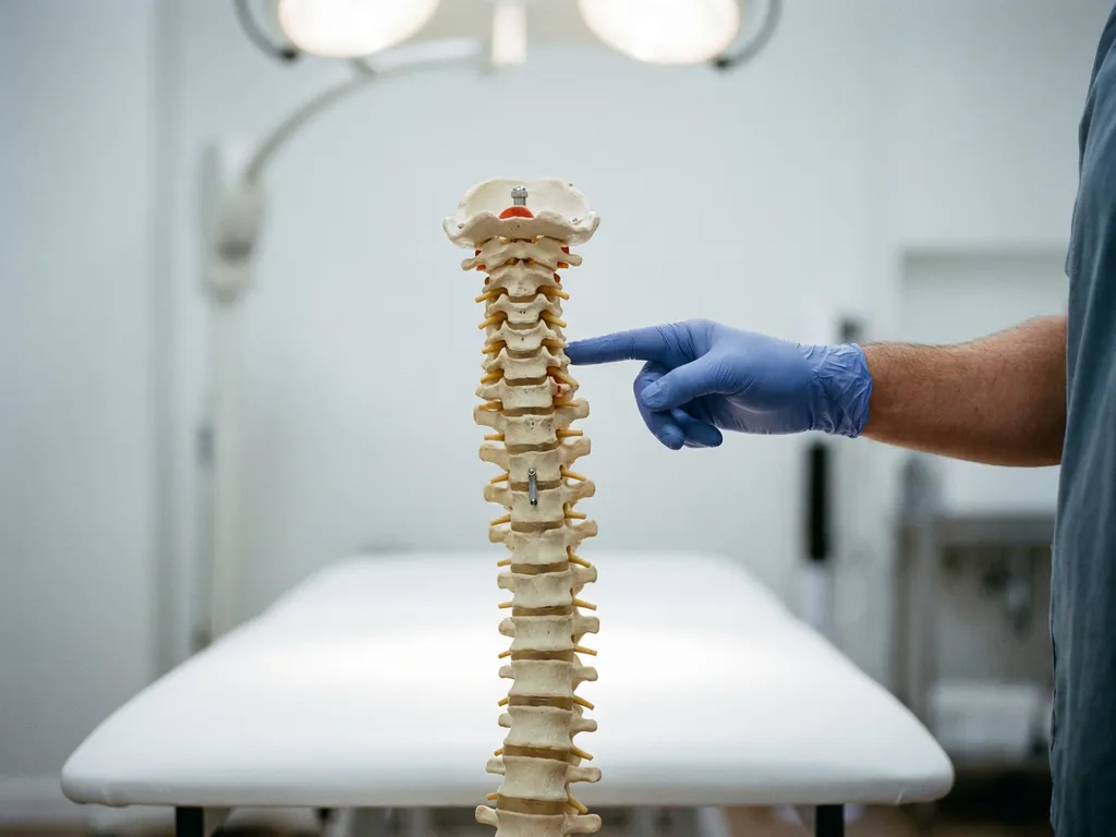 Chiropractor wijst met gehandschoende hand naar de cervicale wervels van een anatomisch wervelkolommodel op witte ondergrond.