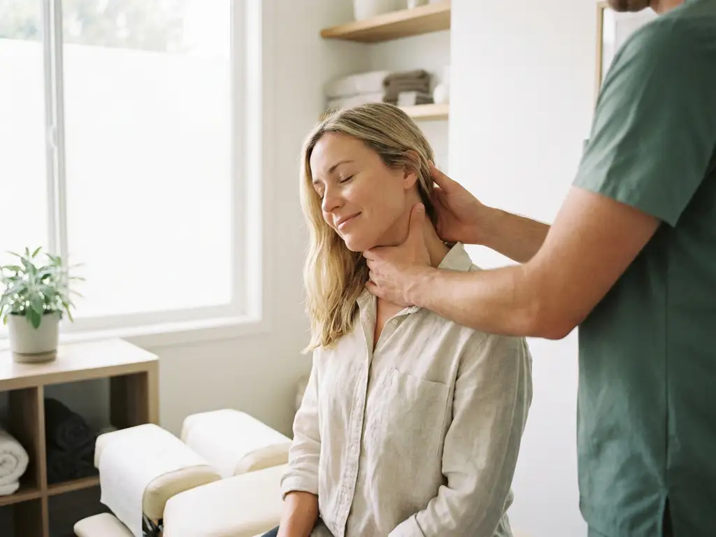 Vrouw op behandeltafel terwijl chiropractor haar nek en schedelbasis ondersteunt tijdens een zachte cervicale behandeling.