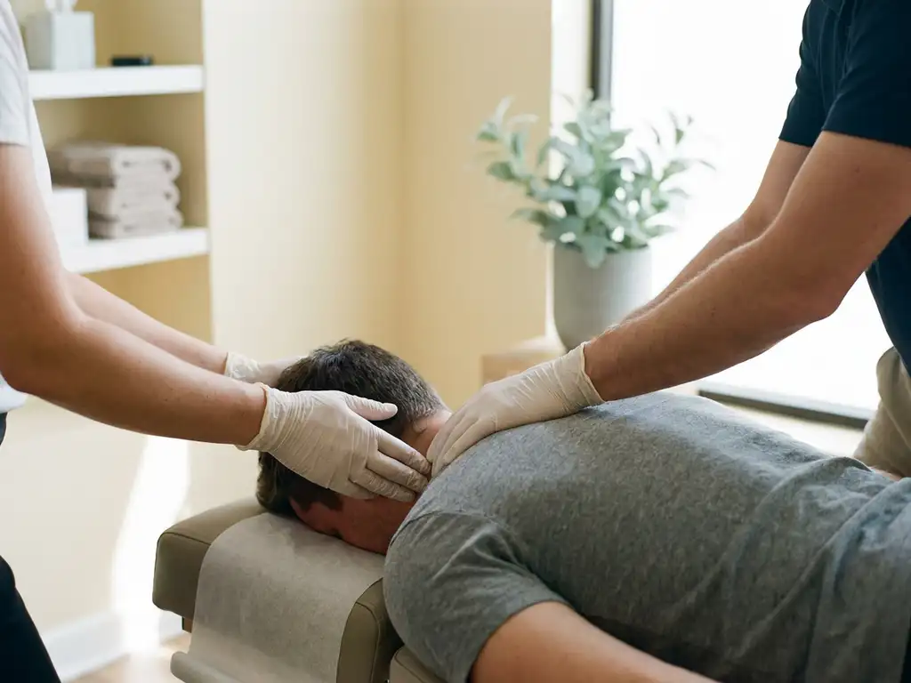 Chiropractor past cervicale wervelkolom van patiënt op behandeltafel in moderne praktijk met natuurlijk zijlicht.