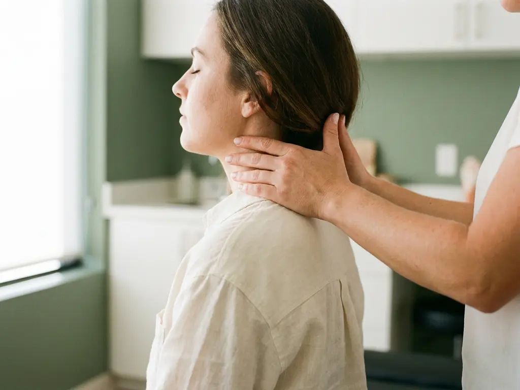 Chiropractor ondersteunt voorzichtig de nek van een ontspannen patiënt tijdens een behandeling in een moderne klinische ruimte.