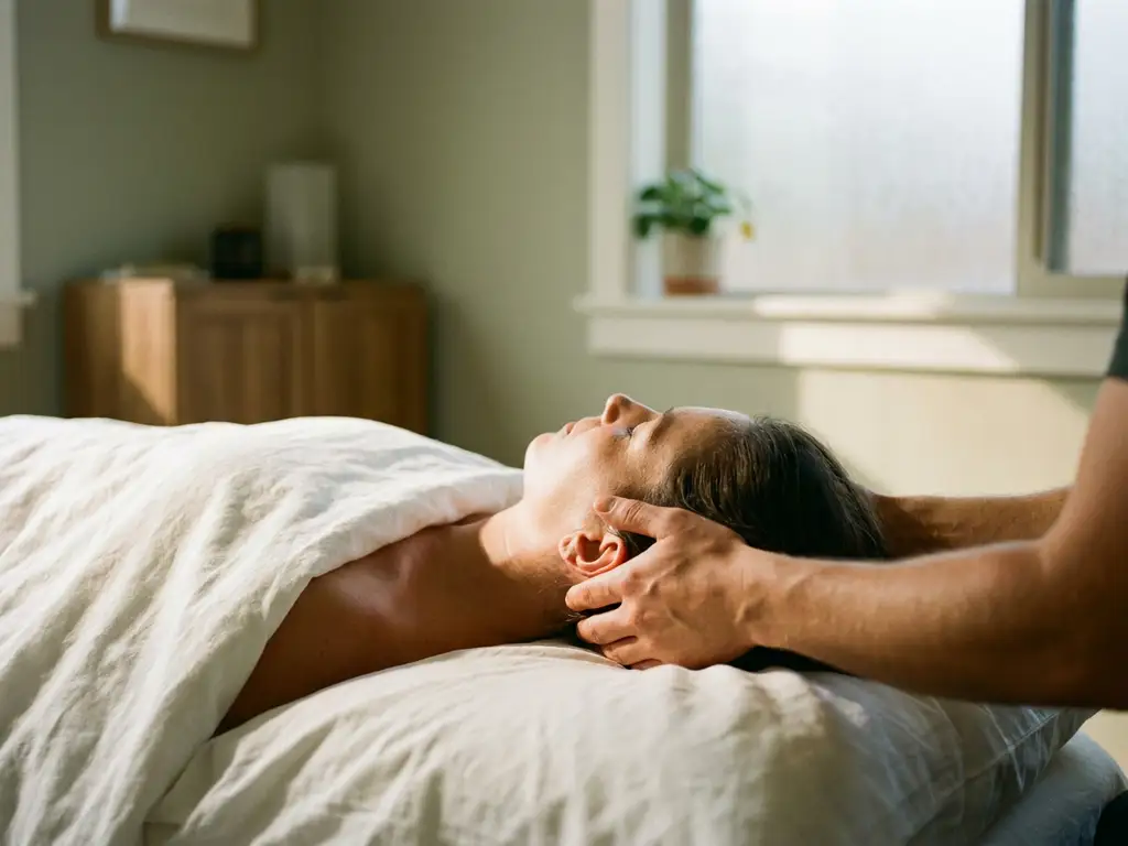 Chiropractor ondersteunt zachtjes de nek en schedelbasis van een patiënt tijdens een behandeling in een rustige, warme behandelkamer.