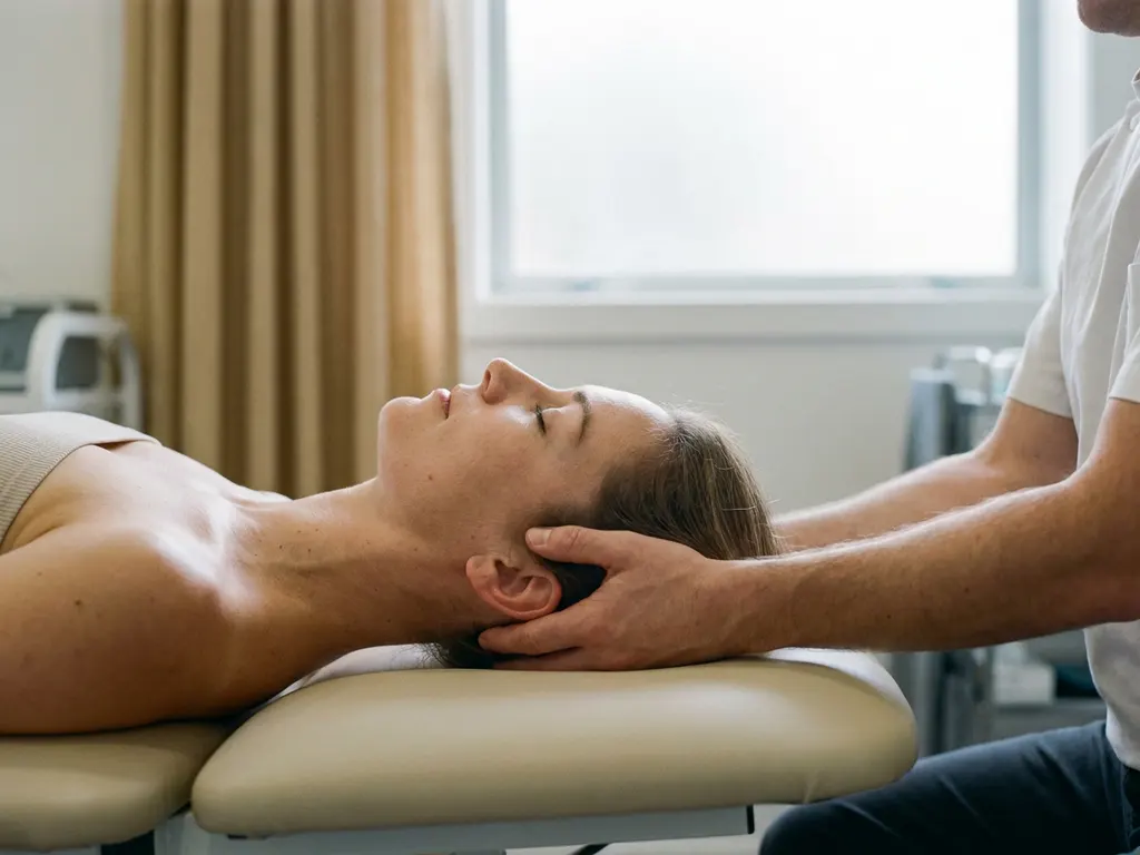 Chiropractor ondersteunt zachtjes de schedelbasis en nek van een patiënt op een behandeltafel in een rustige klinische omgeving.