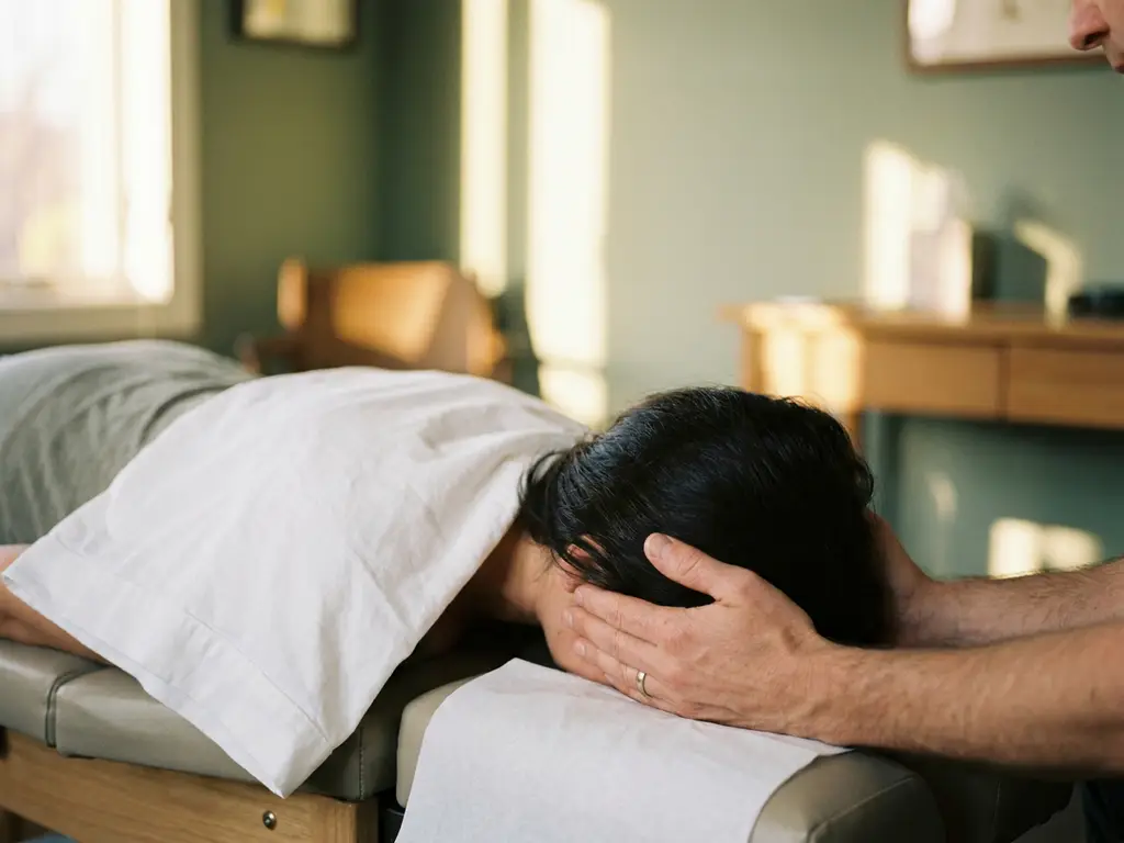 Chiropractor ondersteunt zachtjes de schedelbasis en nek van een patiënt tijdens een behandeling in een rustige praktijkruimte.