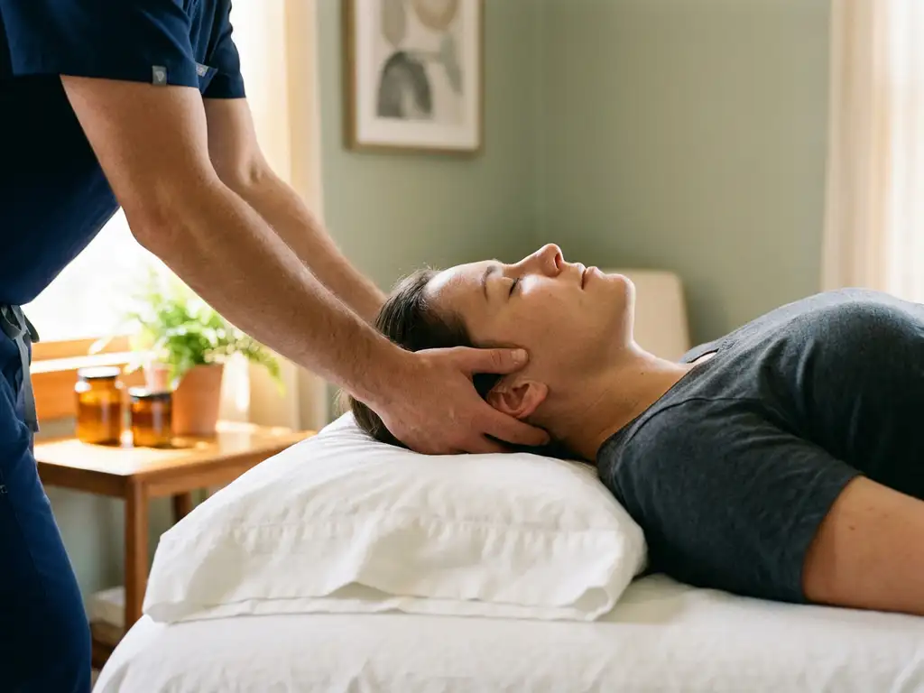 Chiropractor ondersteunt zachtjes de schedelbasis en nek van een patiënt tijdens een cervicale behandeling.