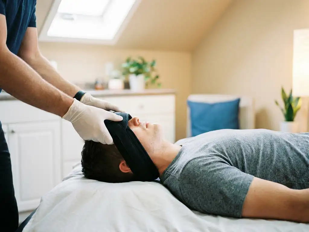 Chiropractor past Y-strap toe op de nek en wervelkolom van een patiënt die op een behandeltafel ligt.