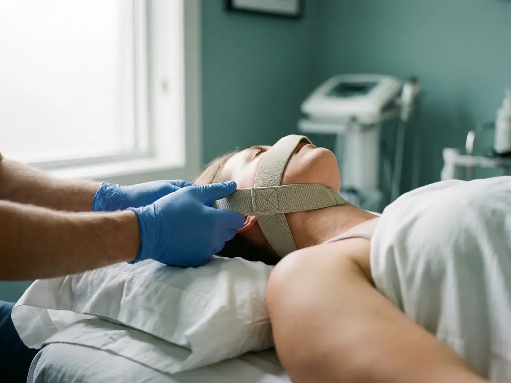 Chiropractor met handschoenen die een Y-strap apparaat aanbrengt op de nek van een patiënt op een behandeltafel.