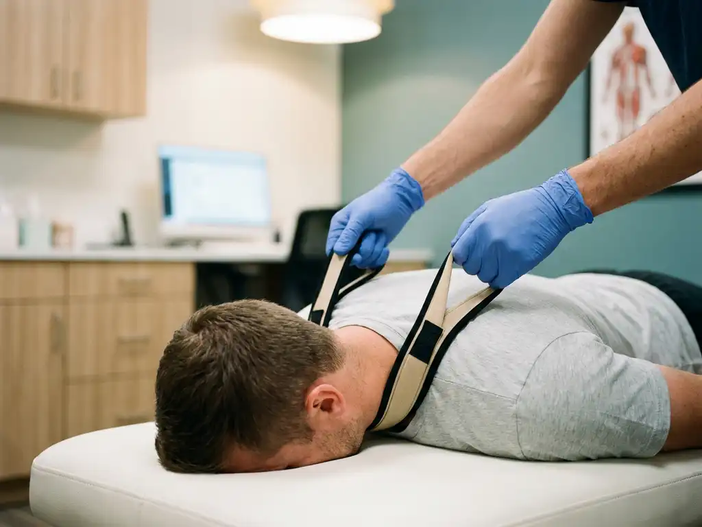 Chiropractor met gehandschoende handen die een Y-strap apparaat aanbrengt op de nek van een patiënt op een behandeltafel.