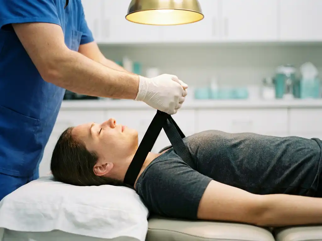 Chiropractor die een Y-strap apparaat aanbrengt op de nek van een patiënt tijdens een spinale tractiebehandeling.
