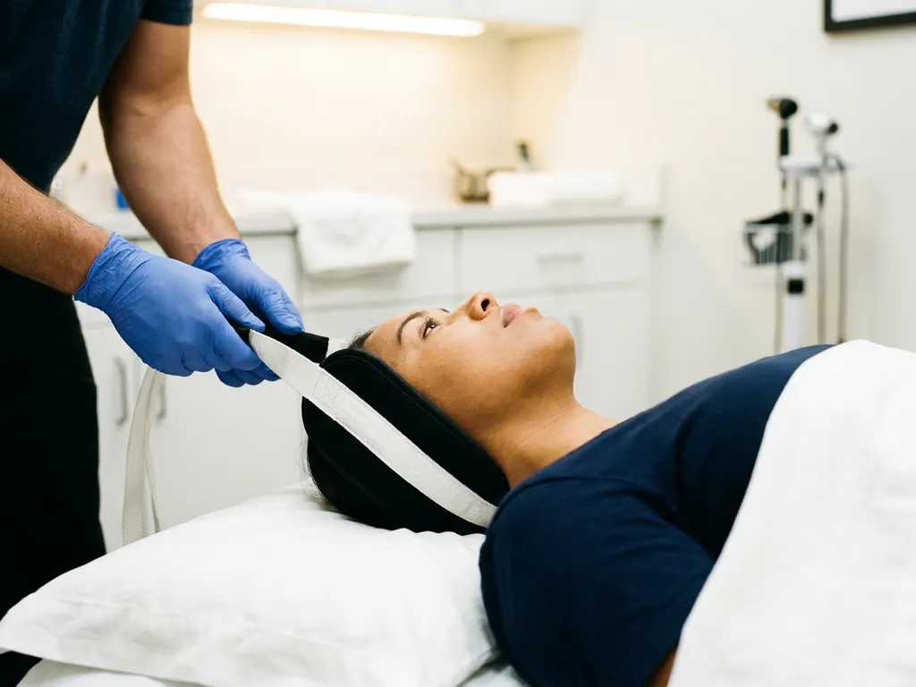 Chiropractor met handschoenen past Y-strap nektrактie toe op patiënt op behandeltafel in witte klinische omgeving.