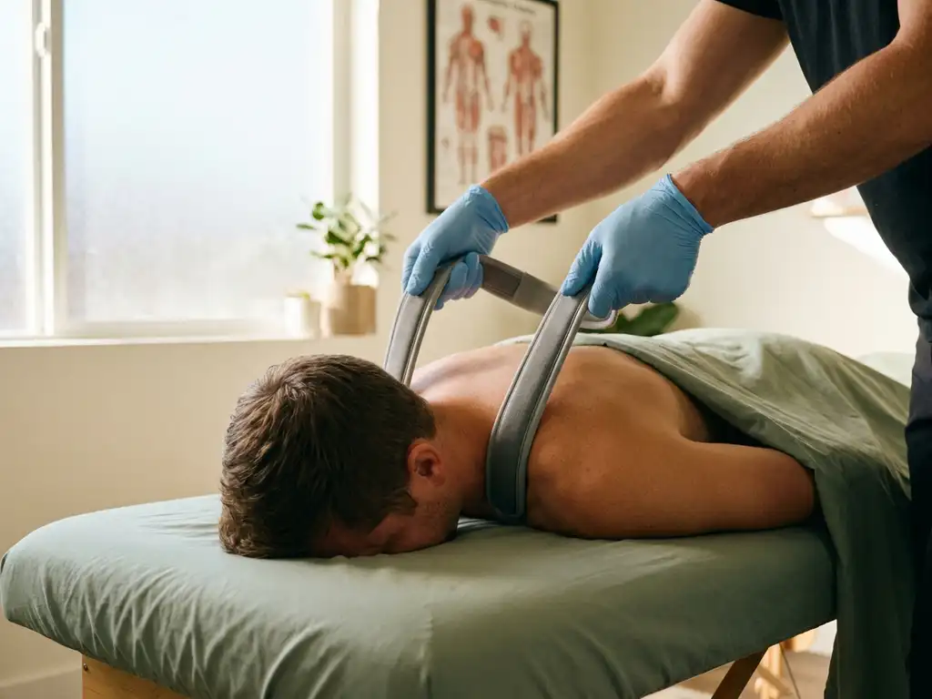 Chiropractor past Y-strap-techniek toe op nek en bovenrug van patiënt op behandeltafel in moderne praktijk.