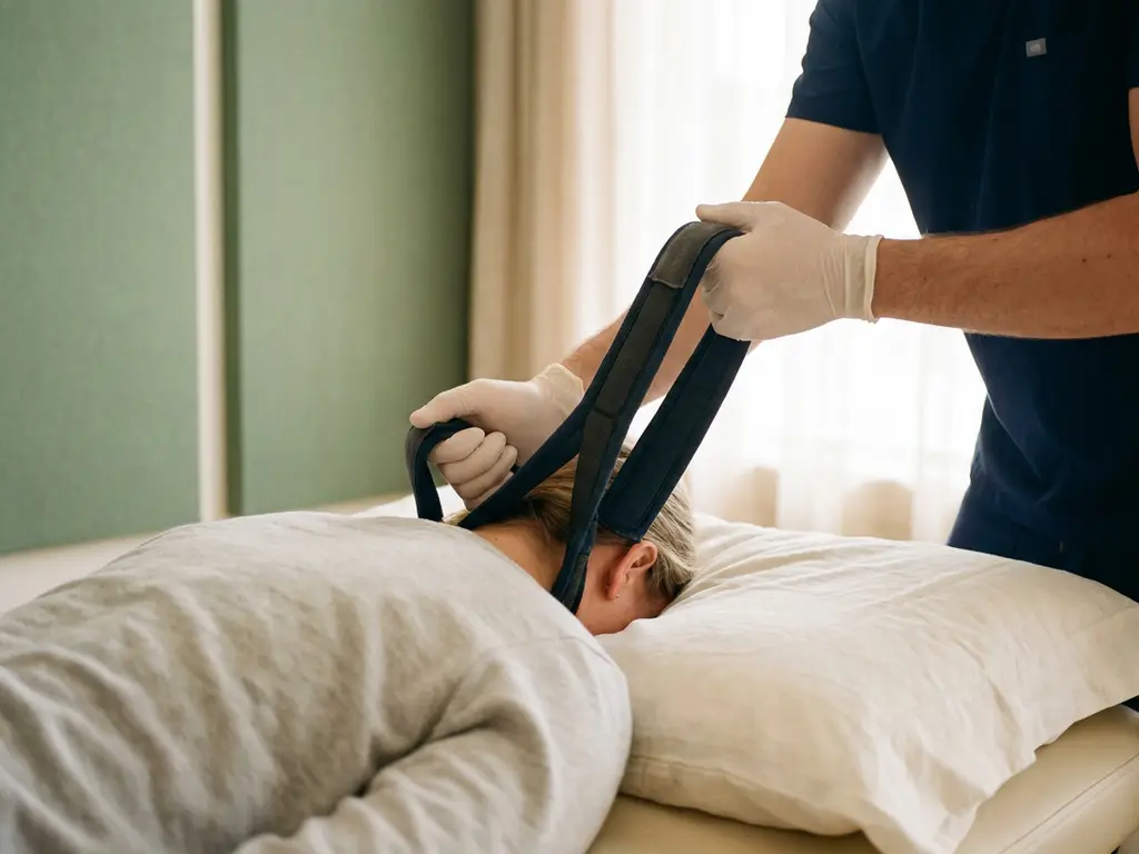 Chiropractor die een Y-strap apparaat aanbrengt op de nek en bovenrug van een patiënt tijdens een chiropractische behandeling.