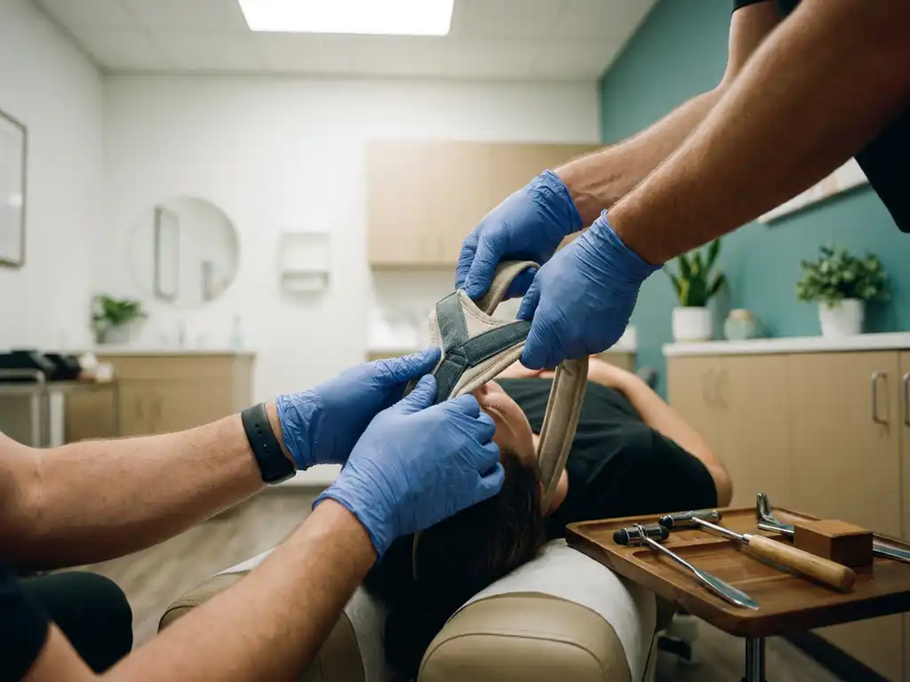 Chiropractor met handschoenen die een Y-strap apparaat vasthoudt bij een patiënt op een behandeltafel tijdens wervelkolomcorrectie.