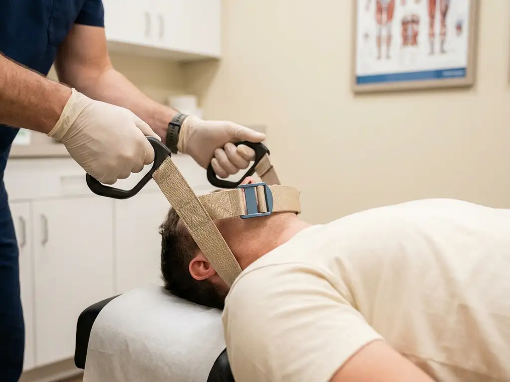 Chiropractor die een Y-strap apparaat vasthoudt langs de wervelkolom van een patiënt op een behandeltafel tijdens een chiropractie behandeling.