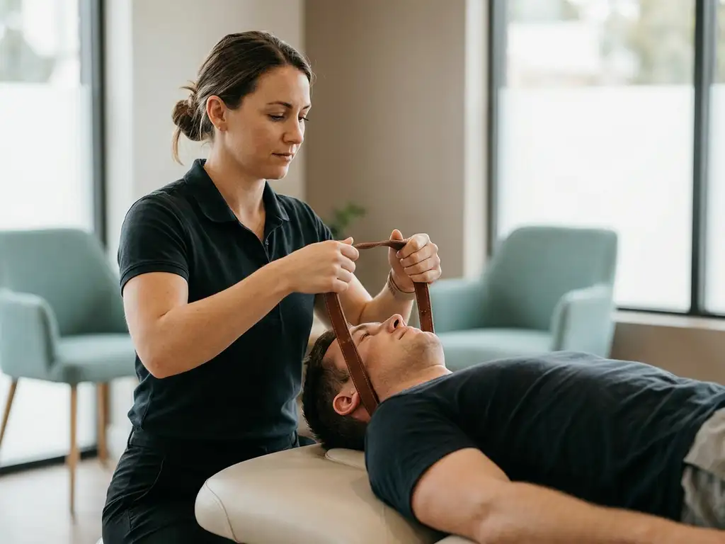 Chiropractor voert Y-strap wervelkolomdecompressie uit op patiënt op behandeltafel in moderne chiropractische kliniek.