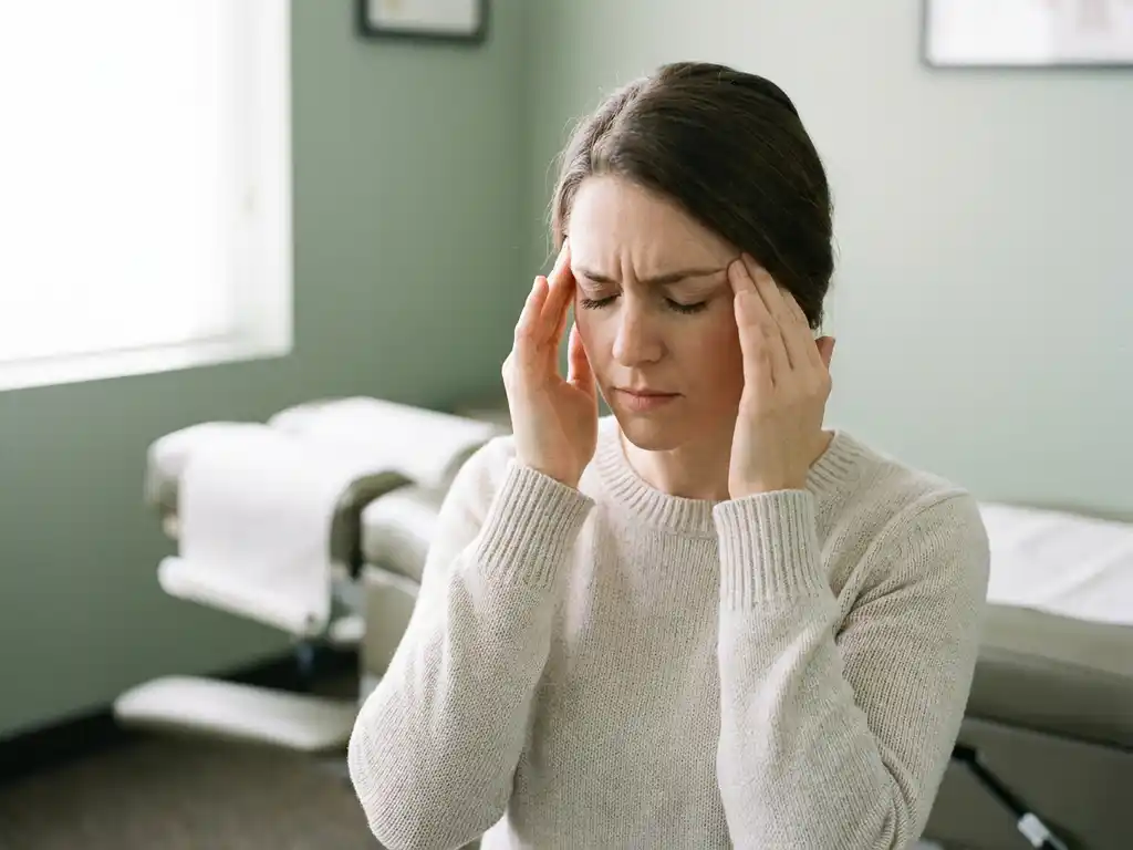 Vrouw met gesloten ogen die vingertoppen tegen slapen drukt van hoofdpijn, in een rustige chiropractische behandelkamer.