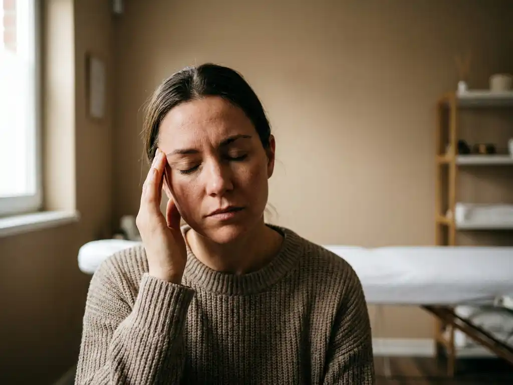 Vrouw met gesloten ogen die vingertoppen tegen haar slaap drukt van pijn, in een chiropractische behandelkamer met warm neutraal interieur.
