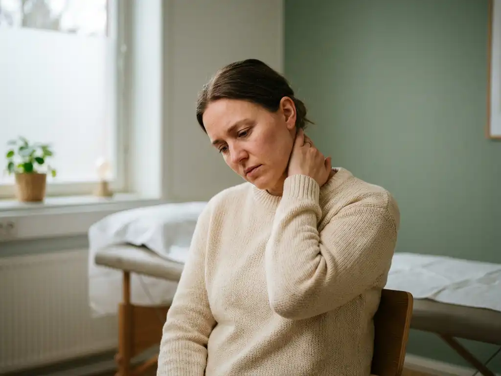 Persoon die nek vasthoudt bij migraine in een rustige behandelkamer met chiropractische tafel op de achtergrond.
