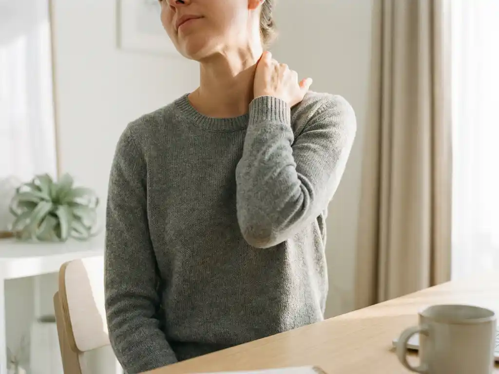 Persoon stretcht stijve nek met één hand aan modern bureau in zachte ochtendlicht, zichtbare spierspanning in schouder en nek.
