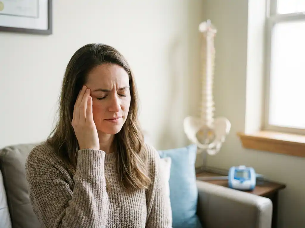 Vrouw met gesloten ogen die vingertoppen tegen haar slaap drukt van pijn, met anatomisch wervelkolommodel op achtergrond in chiropractische praktijk.