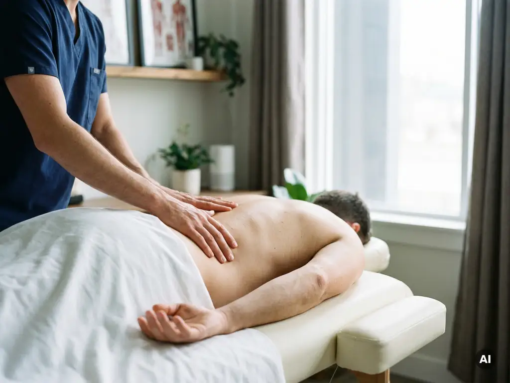 Chiropractor die met beide handen druk uitoefent op de lumbale wervelkolom van een patiënt op een witte behandeltafel.