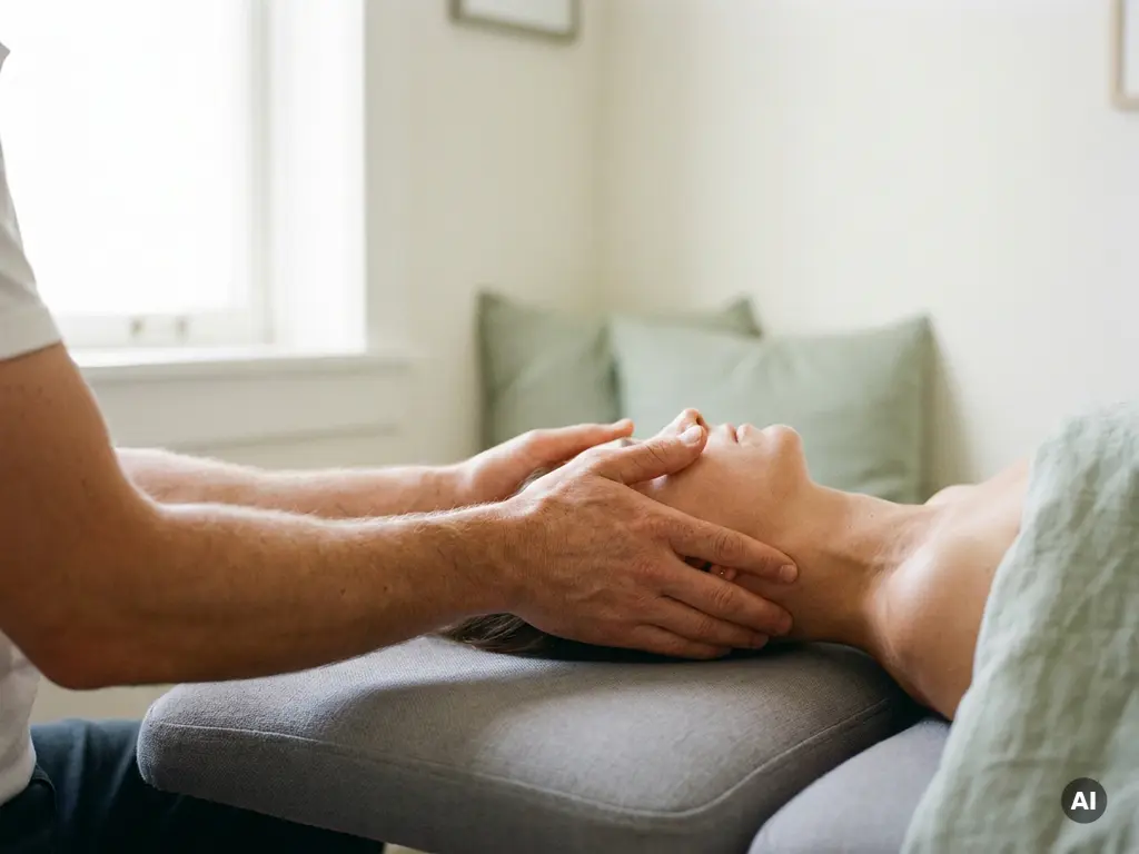 Chiropractor die met beide handen voorzichtig de nek van een patiënt positioneert op een behandeltafel in een rustige klinische omgeving.