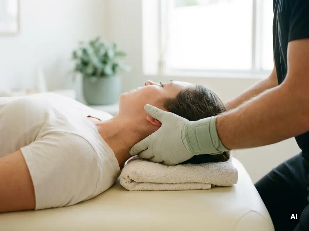 Chiropractor ondersteunt voorzichtig de nek van een patiënt tijdens een wervelkolombehandeling op een moderne behandeltafel.
