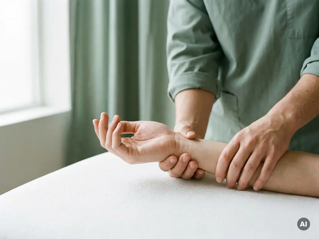 Chiropractor ondersteunt voorzichtig de pols en onderarm van een patiënt op een witte onderzoektafel, zacht natuurlijk licht.