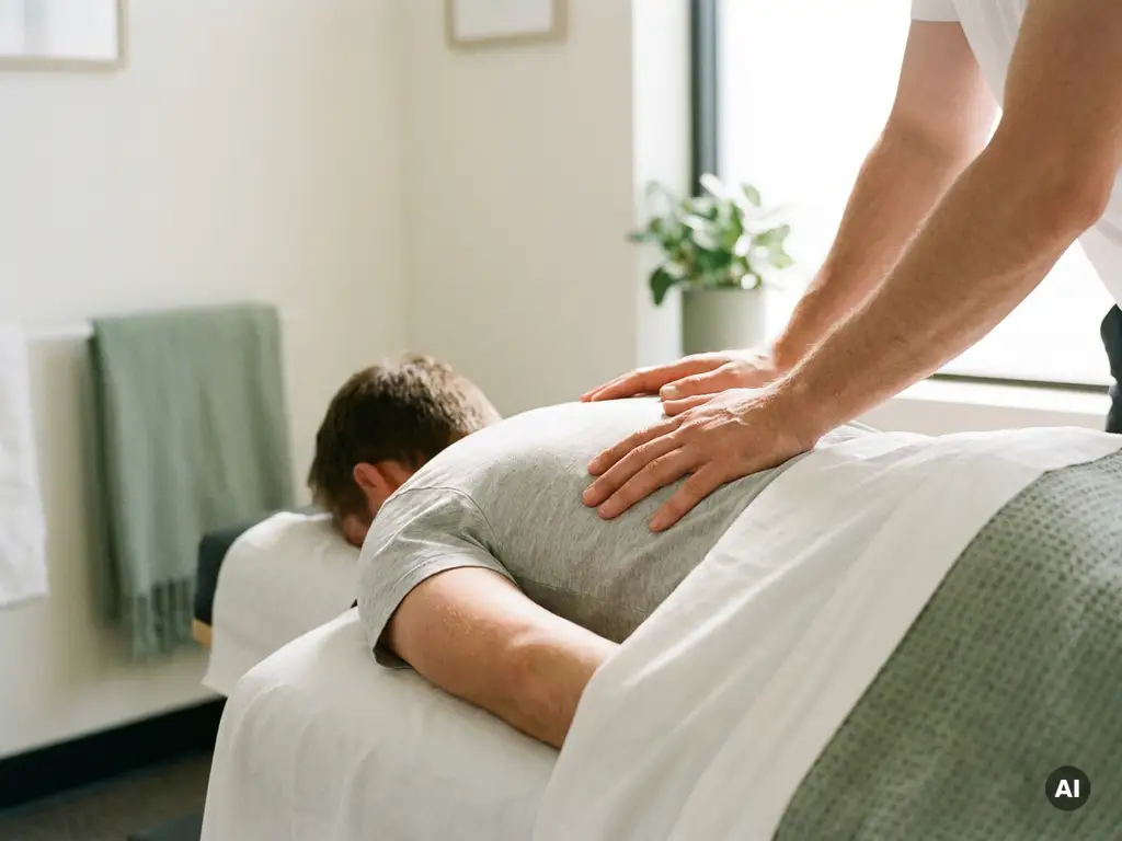 Chiropractor die met beide handen een rugbehandeling uitvoert op een patiënt op een witte behandeltafel in moderne kliniek.