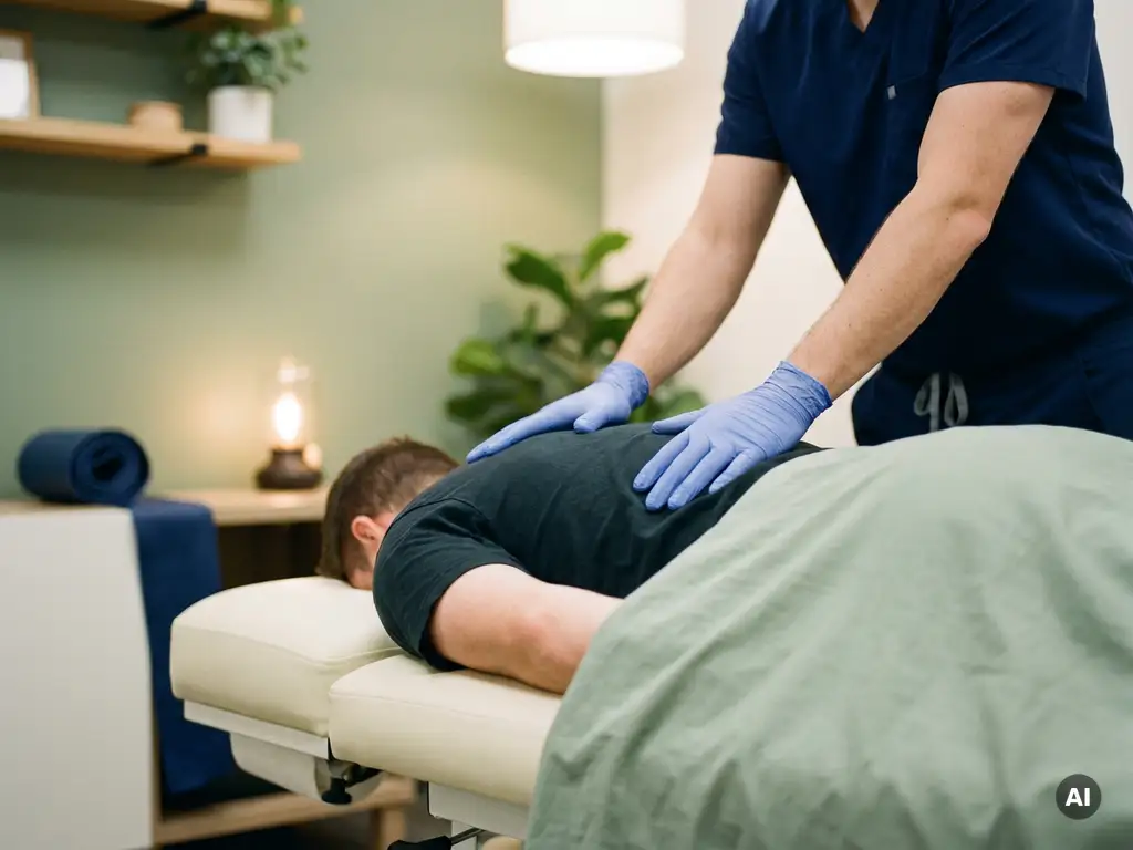 Chiropractor die een wervelkolomanipulatie uitvoert op een patiënt op een behandeltafel, met een weerstandsband op de achtergrond.