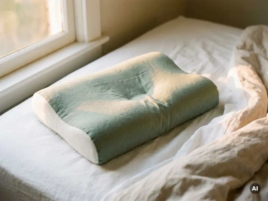 Ergonomisch neksteunkussen op opgemaakt bed met zichtbare indruk van gebruik, gefotografeerd in zacht ochtendlicht.