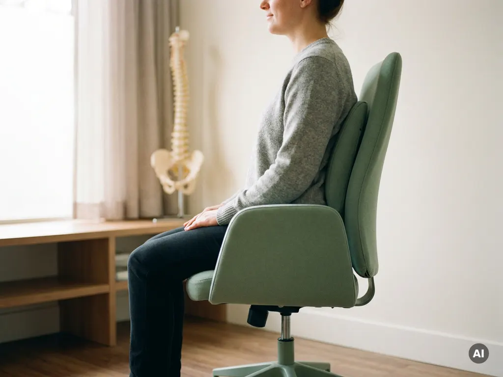 Persoon met correcte zithouding in ergonomische stoel, wervelkolom uitgelijn, voeten plat op de vloer, anatomisch ruggengraatmodel op achtergrond.
